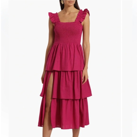 Avec Les Filles Dresses & Skirts - Anthro x Avec Les Filles Tiered Linen Dress Smocked Sz 10 Fuchsia Pink Ruffle